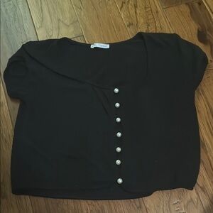 Zara Black Crop Buttoned Short Sleeve Blouse